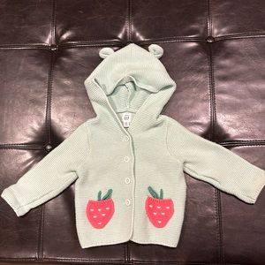 Baby Gap hooded sweater, light green with strawberry pockets, size 12-18 months